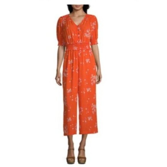 A.N.A Womens orange Floral romper size XL Short Sleeves Smocked Waist V-Neck new - Picture 1 of 6